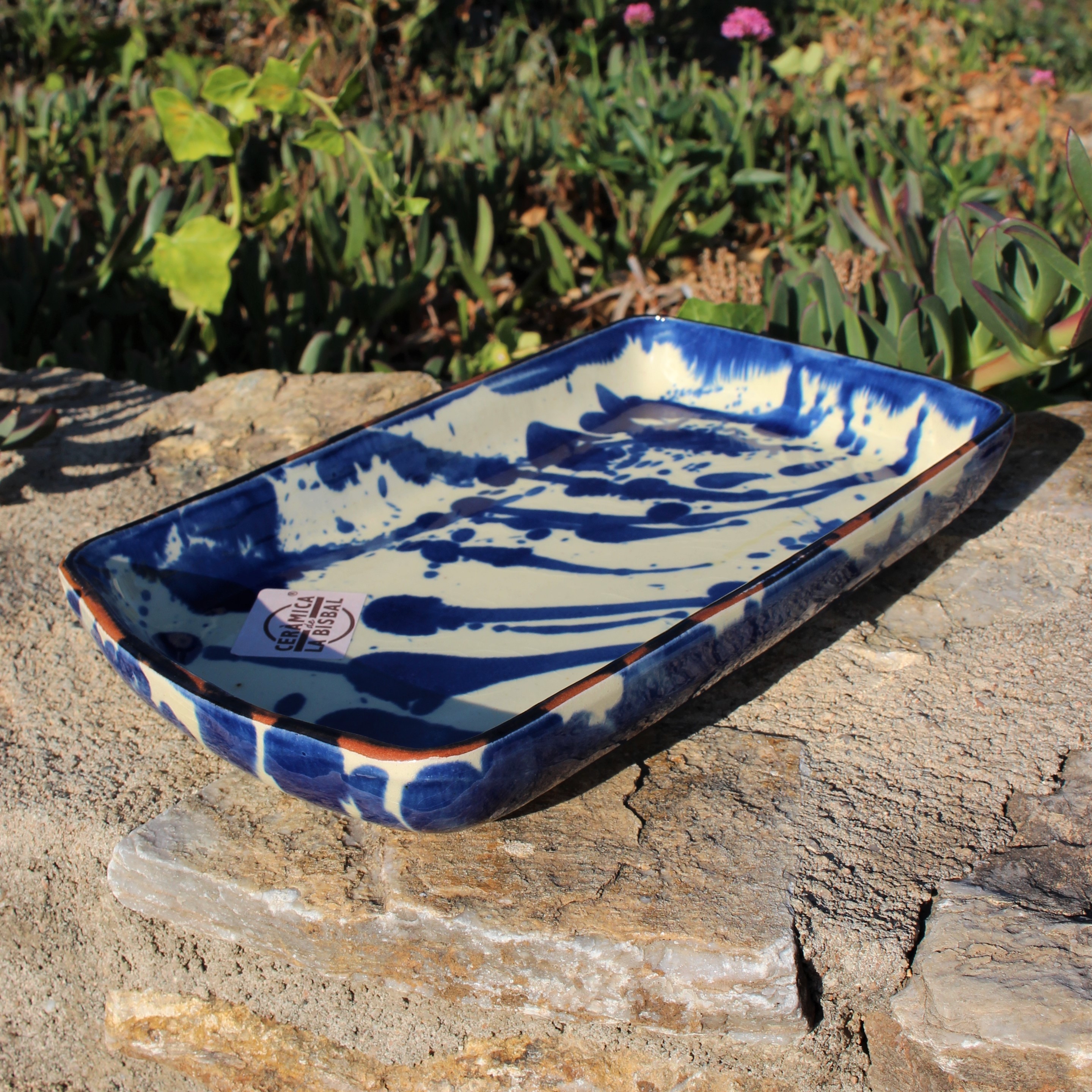 Plat Rectangulaire Grès SUIVEZ L'ARTISTE Bleu Décor Pois 25.5x13.5x2 Cm - Fait Main