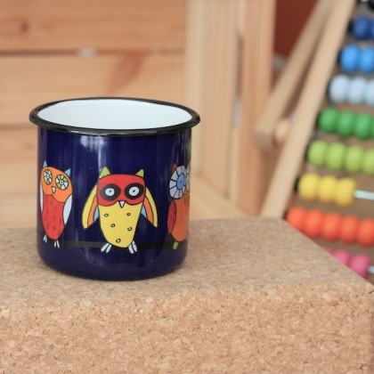 Tasse bleu foncé en émail motif hibou - Casa Nomade