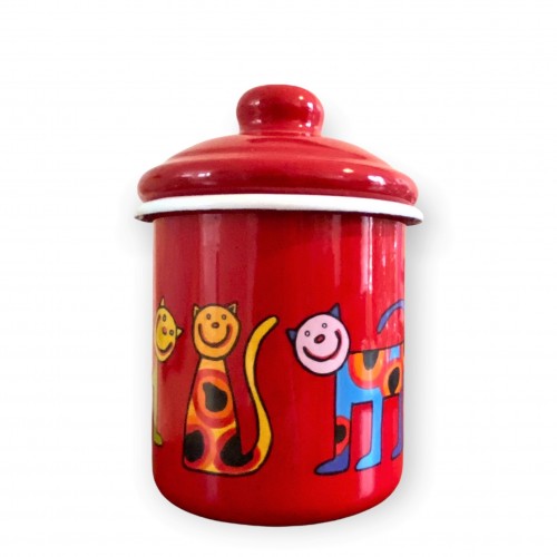 Sucrier rouge en émail motif chat Sucrier rouge en émail motif chat