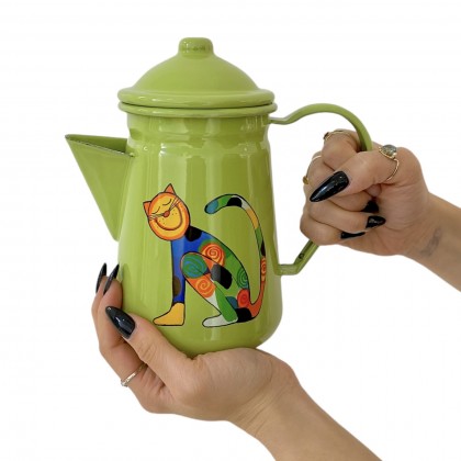 Cafetière verte en émail motif chat - Casa Nomade