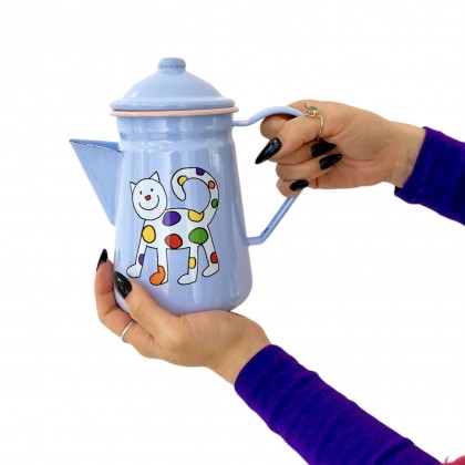 Cafetière bleue en émail motif chat - Casa Nomade