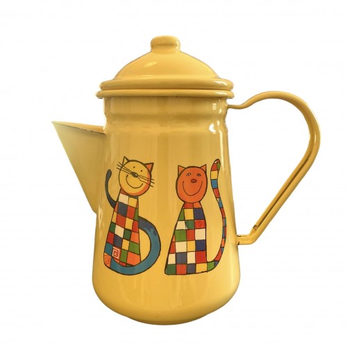 Cafetière jaune en émail motif chats - Casa Nomade