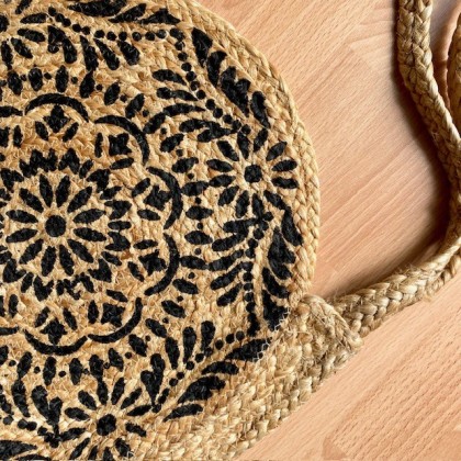 Cabas rond en jute tissé main motif noir - Casa Nomade